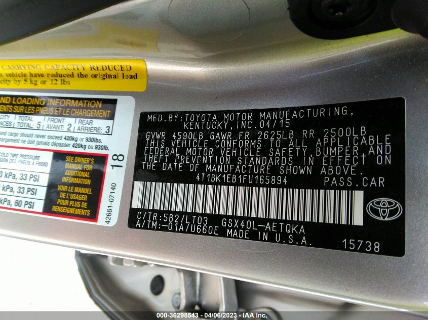 2015 TOYOTA AVALON LIMITED - 4T1BK1EB1FU165894