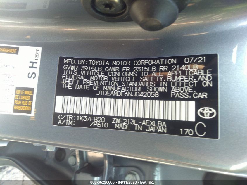 2022 TOYOTA COROLLA HYBRID LE - JTDEAMDE6NJ042058