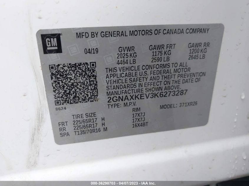 2019 CHEVROLET EQUINOX LT - 2GNAXKEV3K6273287