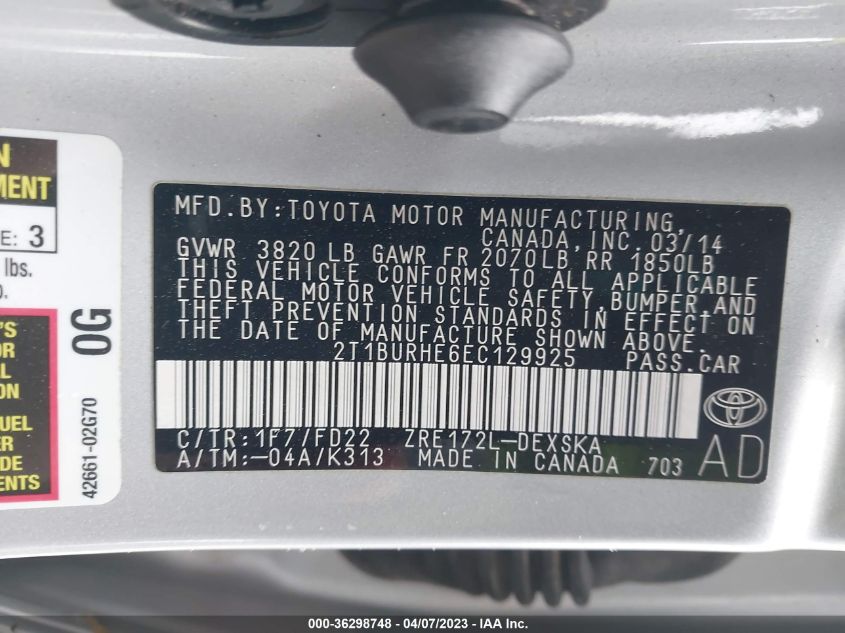 2014 TOYOTA COROLLA L/LE/S/S PLUS/LE PLUS - 2T1BURHE6EC129925