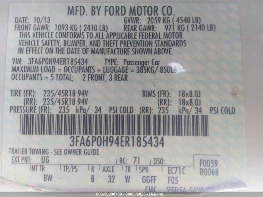 2014 FORD FUSION SE - 3FA6P0H94ER185434