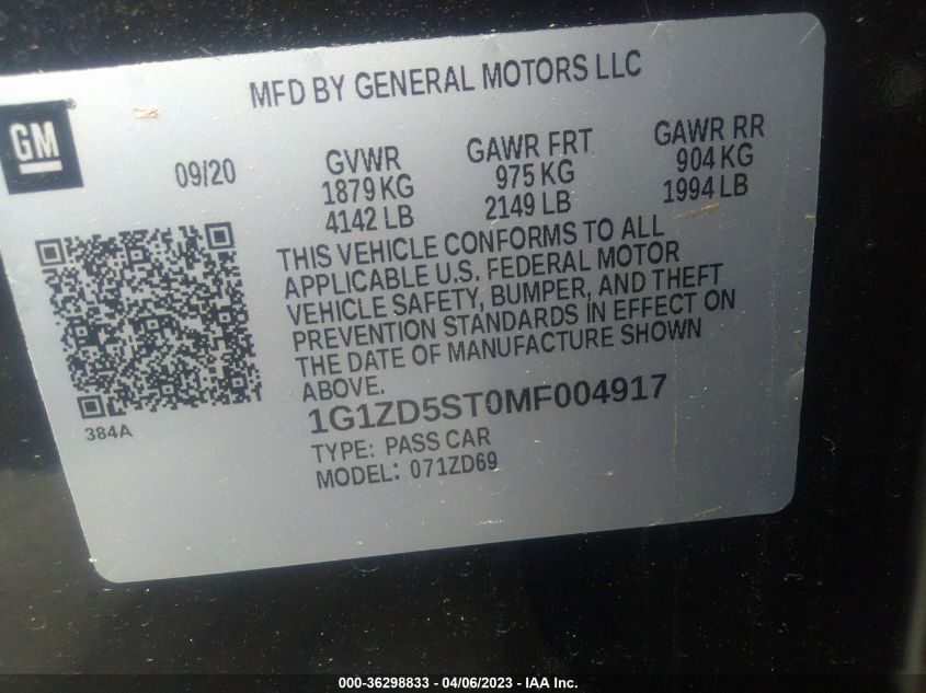 2021 CHEVROLET MALIBU LT - 1G1ZD5ST0MF004917