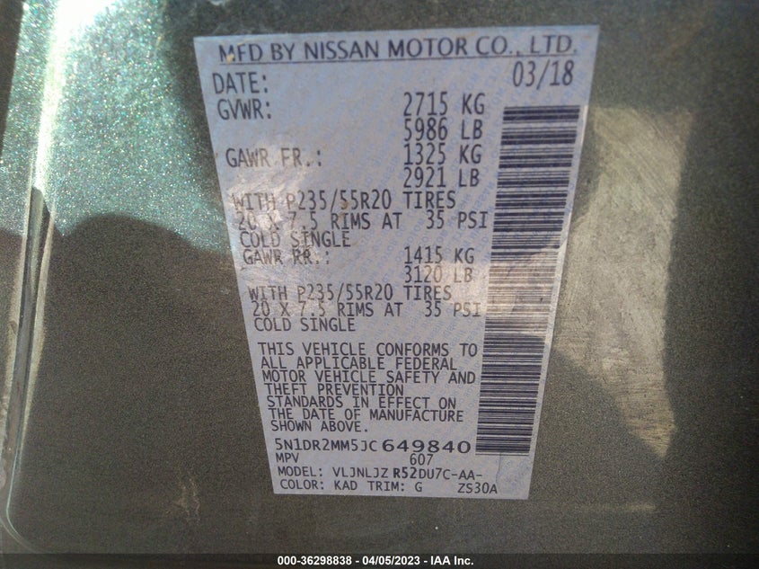VIN 5N1DR2MM5JC649840 2018 NISSAN PATHFINDER PLATINUM