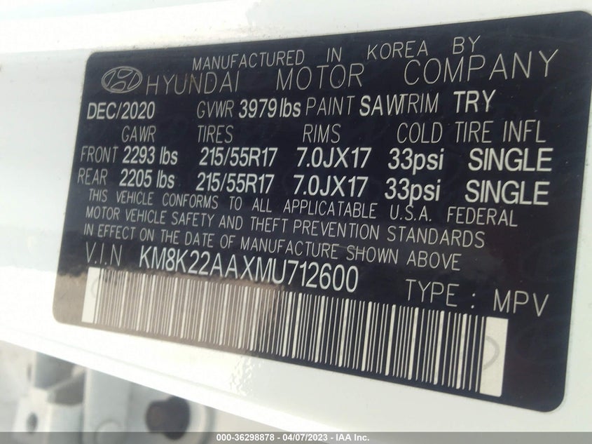 VIN KM8K22AAXMU712600 2021 HYUNDAI KONA SEL