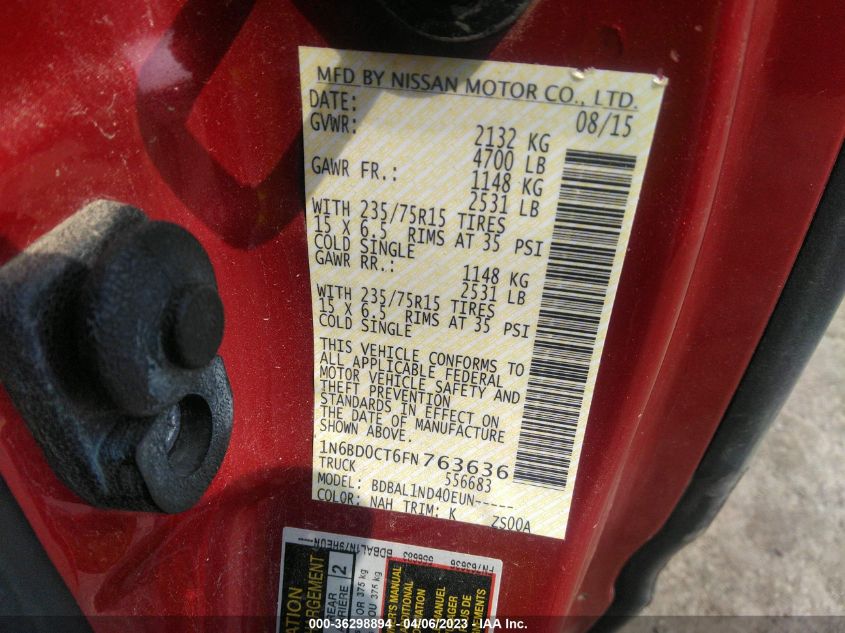 2015 NISSAN FRONTIER SV - 1N6BD0CT6FN763636