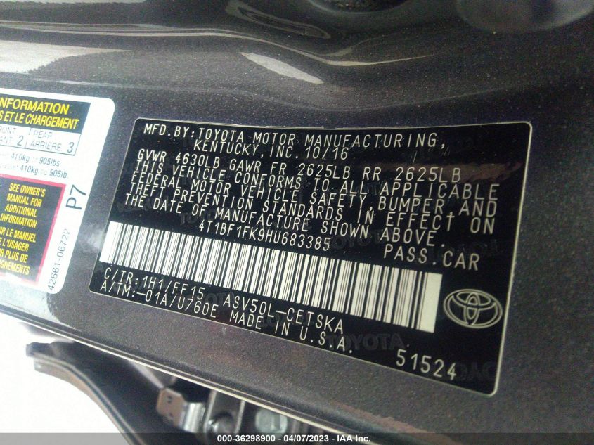 2017 TOYOTA CAMRY XLE/SE/LE/XSE - 4T1BF1FK9HU683385