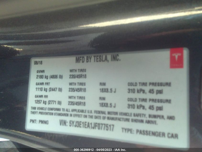 2018 TESLA MODEL 3 RANGE BATTERY - 5YJ3E1EA1JF077517