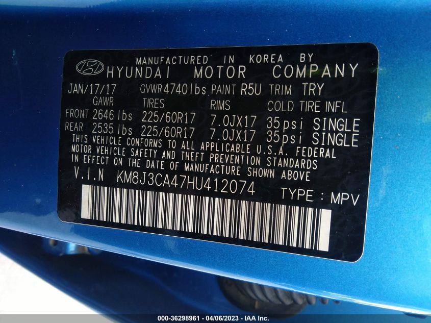 2017 HYUNDAI TUCSON SE - KM8J3CA47HU412074