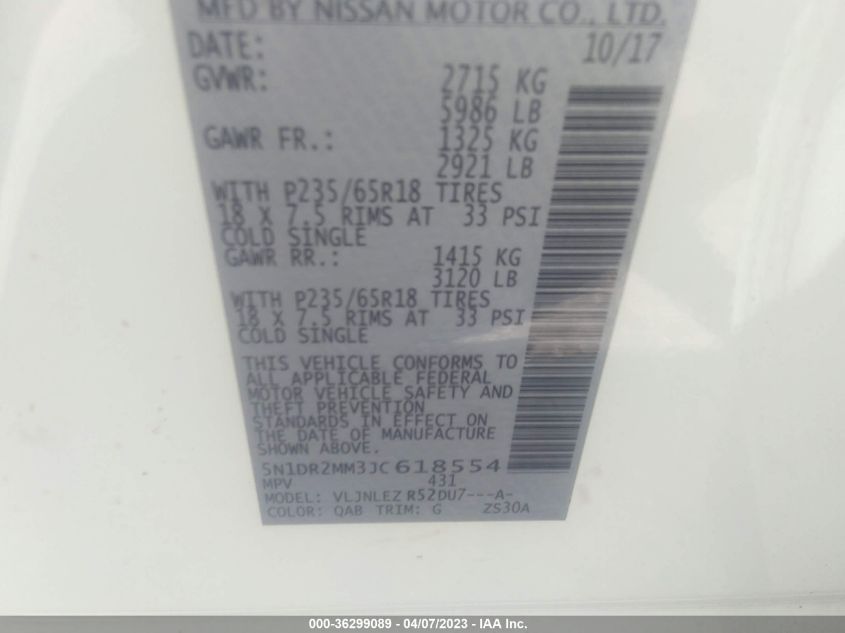 2018 NISSAN PATHFINDER SV - 5N1DR2MM3JC618554