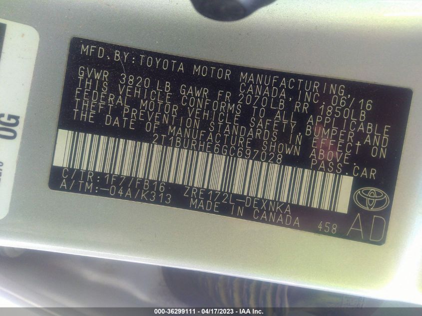 2016 TOYOTA COROLLA L/LE/S/S PLUS/LE PLUS - 2T1BURHE6GC697028