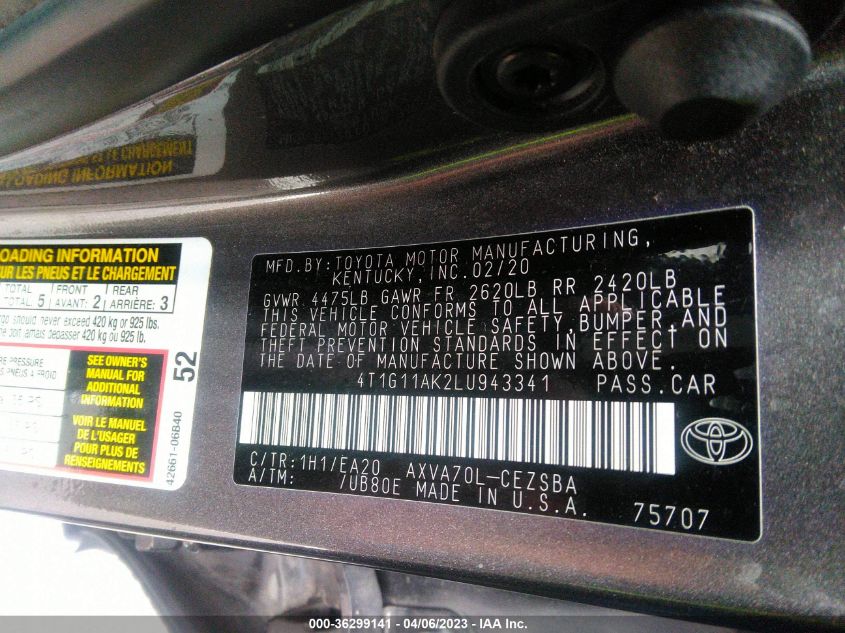 2020 TOYOTA CAMRY SE - 4T1G11AK2LU943341