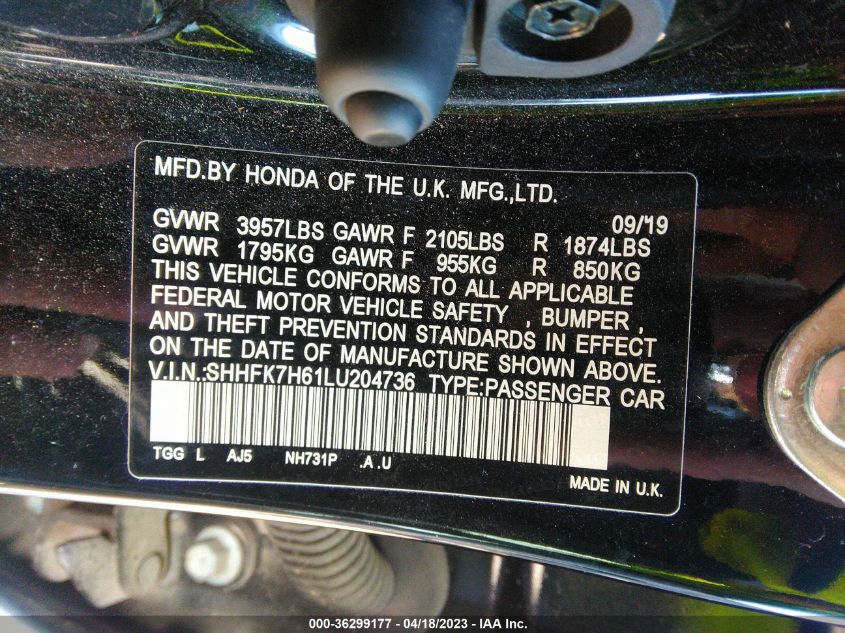 2020 HONDA CIVIC HATCHBACK EX - SHHFK7H61LU204736