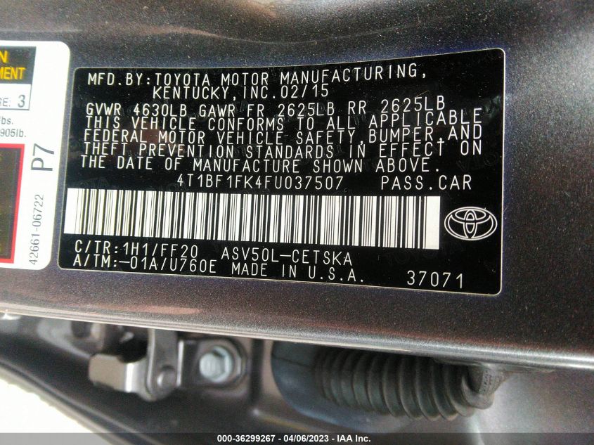 2015 TOYOTA CAMRY XLE/SE/LE/XSE - 4T1BF1FK4FU037507