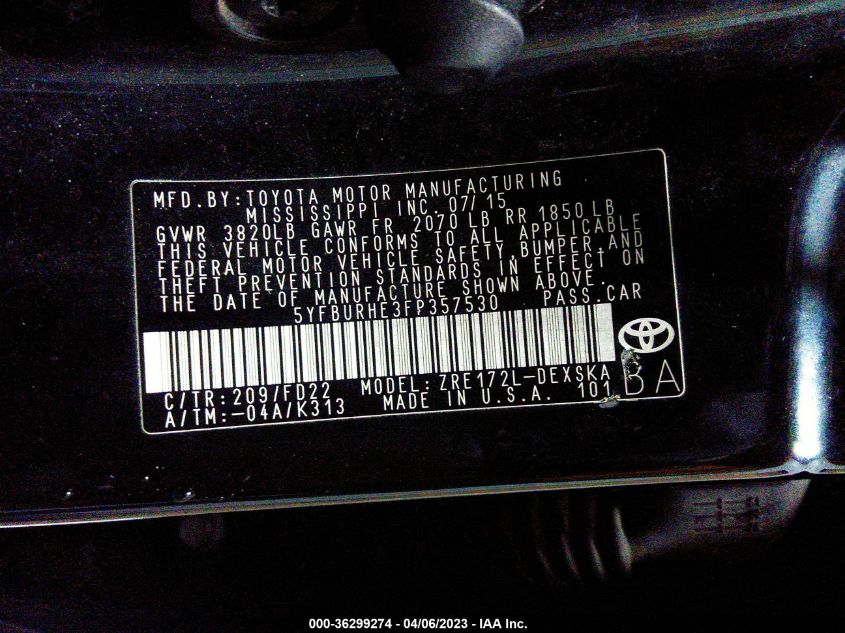 2015 TOYOTA COROLLA L/LE/S/S PLUS/LE PLUS - 5YFBURHE3FP357530