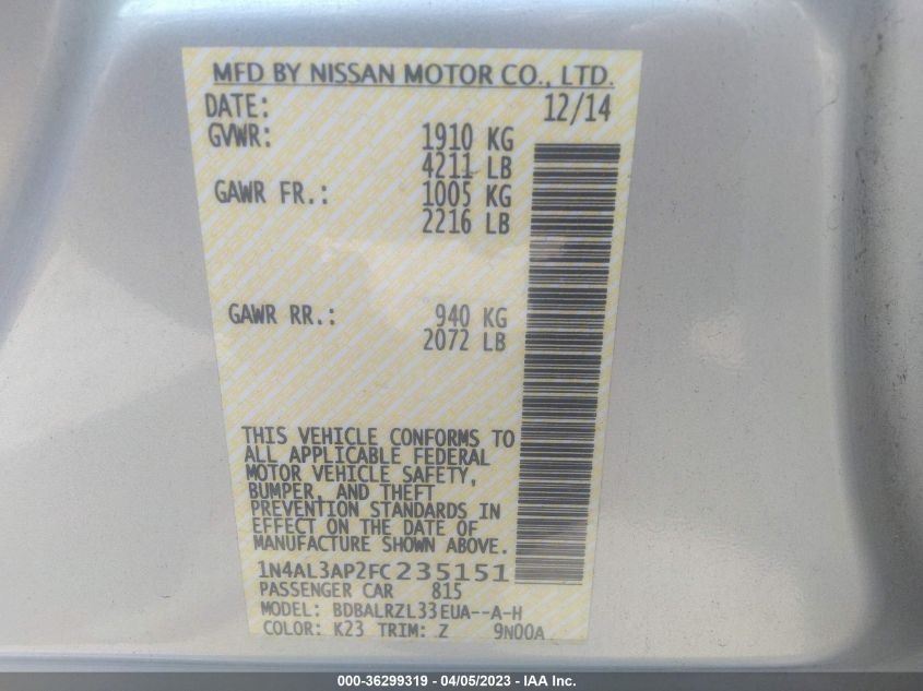 2015 NISSAN ALTIMA 2.5 - 1N4AL3AP2FC235151