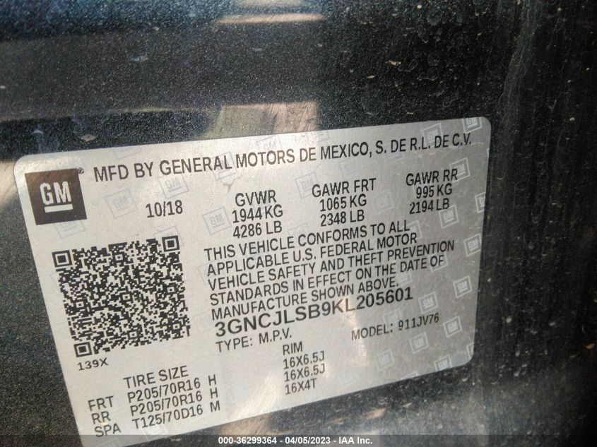 2019 CHEVROLET TRAX LT - 3GNCJLSB9KL205601