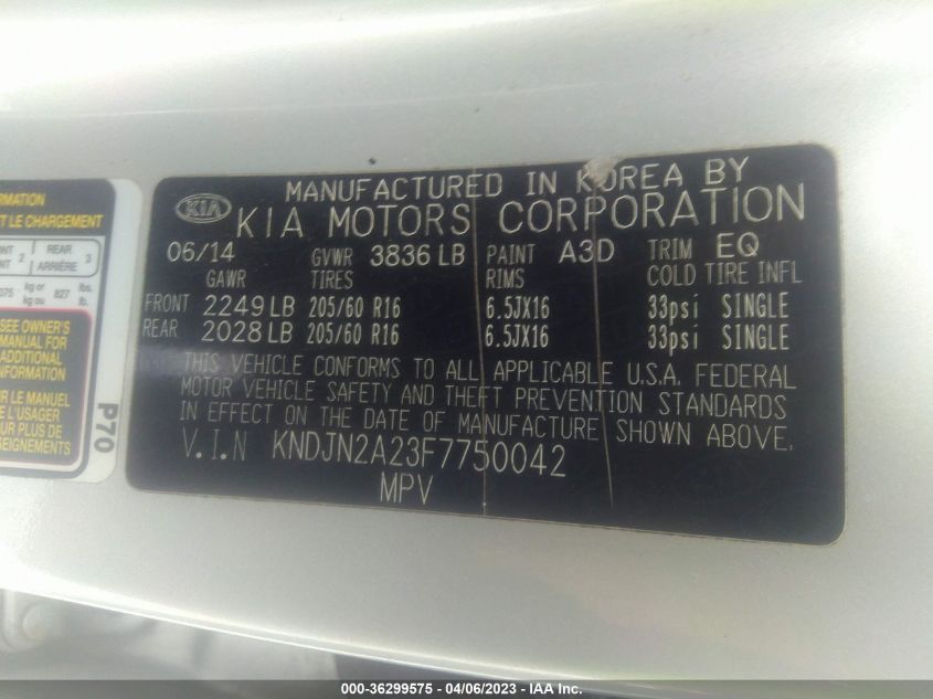 2015 KIA SOUL BASE - KNDJN2A23F7750042
