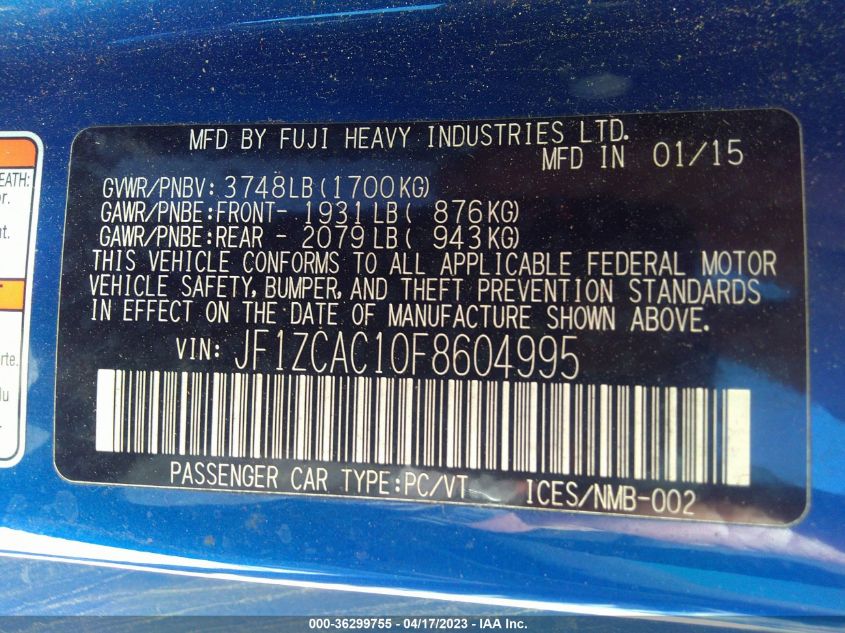 2015 SUBARU BRZ LIMITED - JF1ZCAC10F8604995