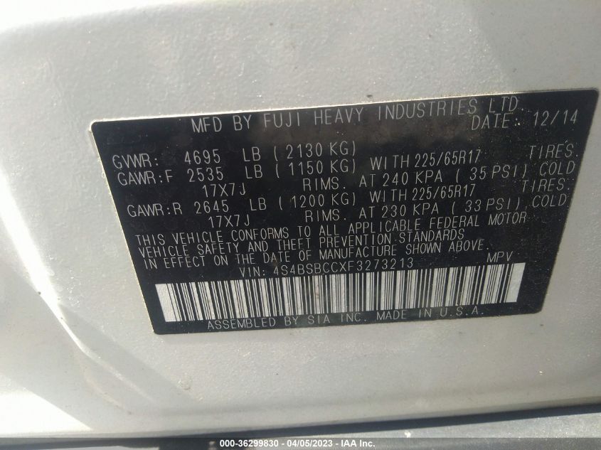 2015 SUBARU OUTBACK 2.5I PREMIUM - 4S4BSBCCXF3273213