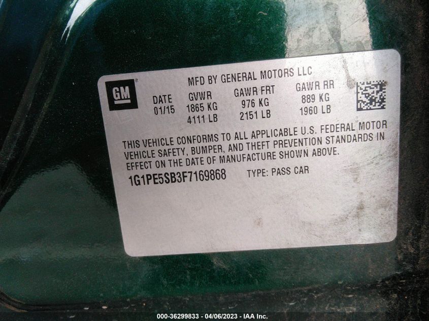 2015 CHEVROLET CRUZE LT - 1G1PE5SB3F7169868
