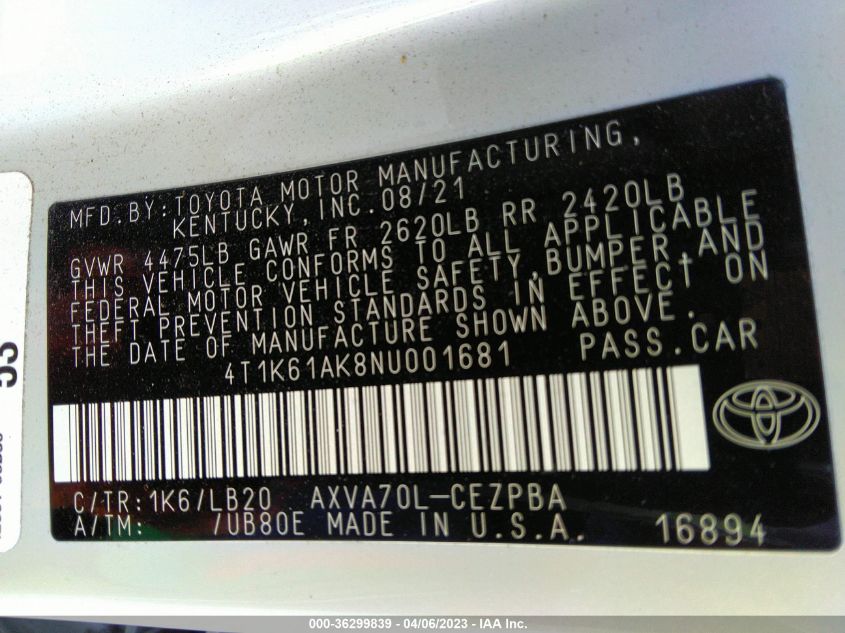 2022 TOYOTA CAMRY XSE - 4T1K61AK8NU001681