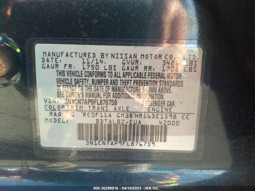 2015 NISSAN VERSA SV - 3N1CN7AP9FL876759