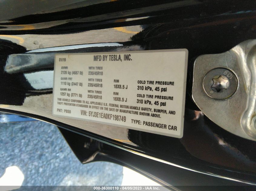 2019 TESLA MODEL 3 MID RANGE - 5YJ3E1EA0KF198749