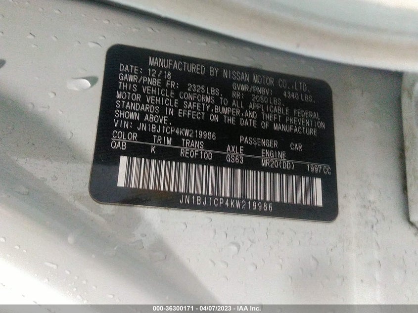 VIN JN1BJ1CP4KW219986 2019 NISSAN ROGUE SPORT SL