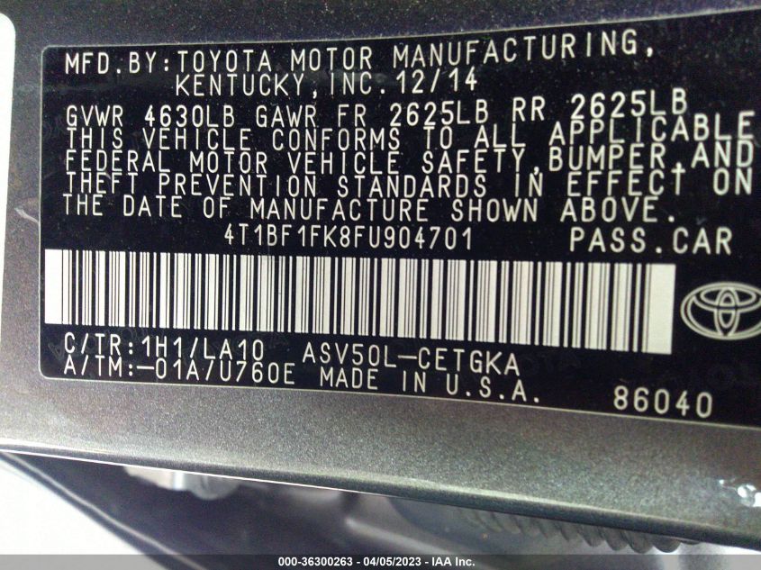 2015 TOYOTA CAMRY XLE/SE/LE/XSE - 4T1BF1FK8FU904701