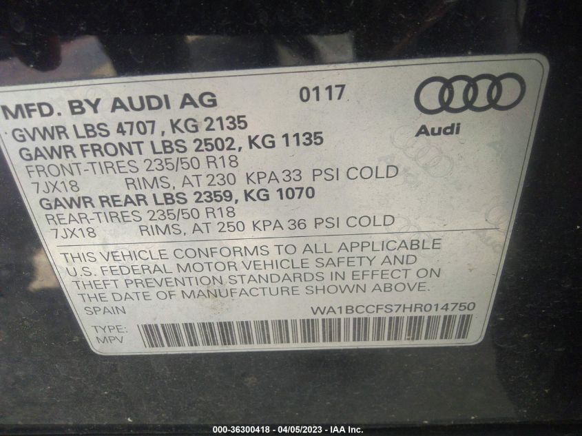 2017 AUDI Q3 PREMIUM - WA1BCCFS7HR014750