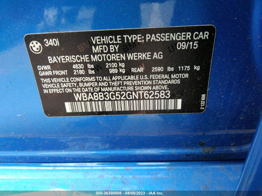 2016 BMW 3 SERIES 340I - WBA8B3G52GNT62583