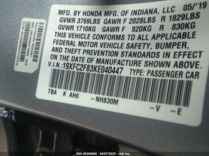 2019 HONDA CIVIC SEDAN SPORT - 19XFC2F83KE040447