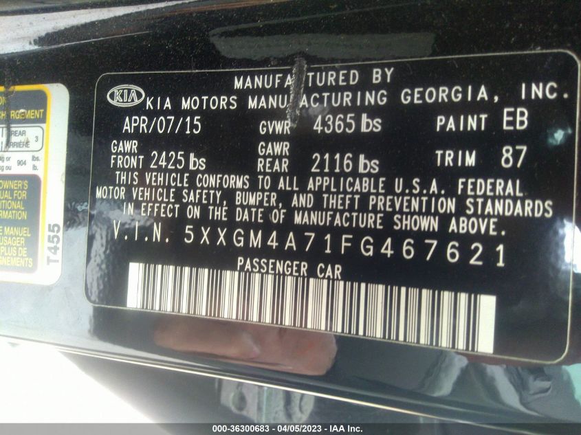2015 KIA OPTIMA LX - 5XXGM4A71FG467621