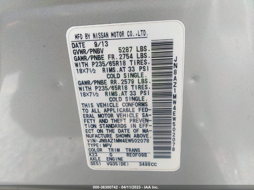 2014 NISSAN MURANO SL - JN8AZ1MW4EW502078