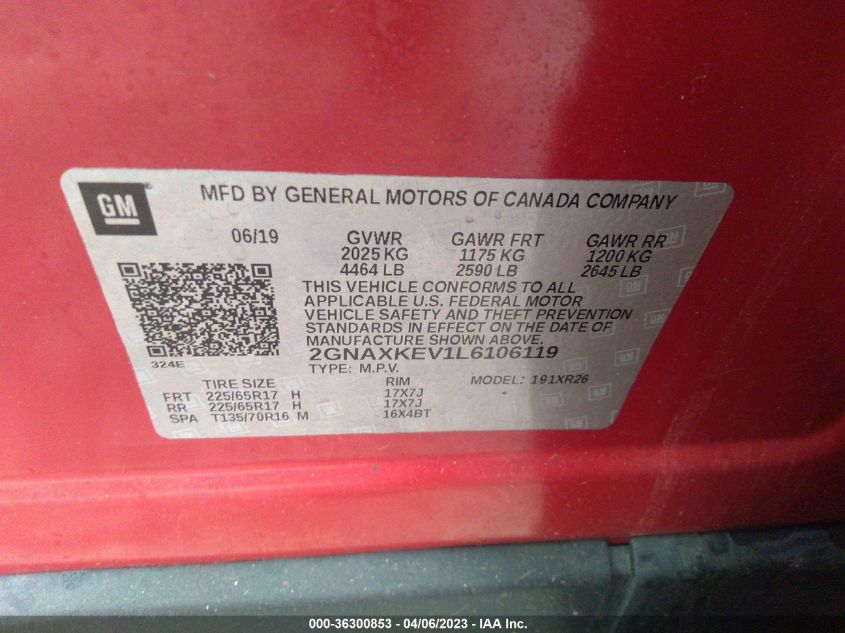 2020 CHEVROLET EQUINOX LT - 2GNAXKEV1L6106119