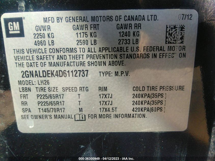 2013 CHEVROLET EQUINOX LT - 2GNALDEK4D6112737