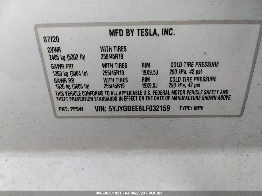 2020 TESLA MODEL Y LONG RANGE - 5YJYGDEE8LF032159