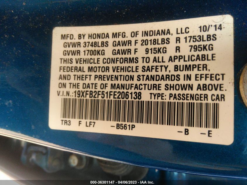 2015 HONDA CIVIC SEDAN LX - 19XFB2F51FE206138