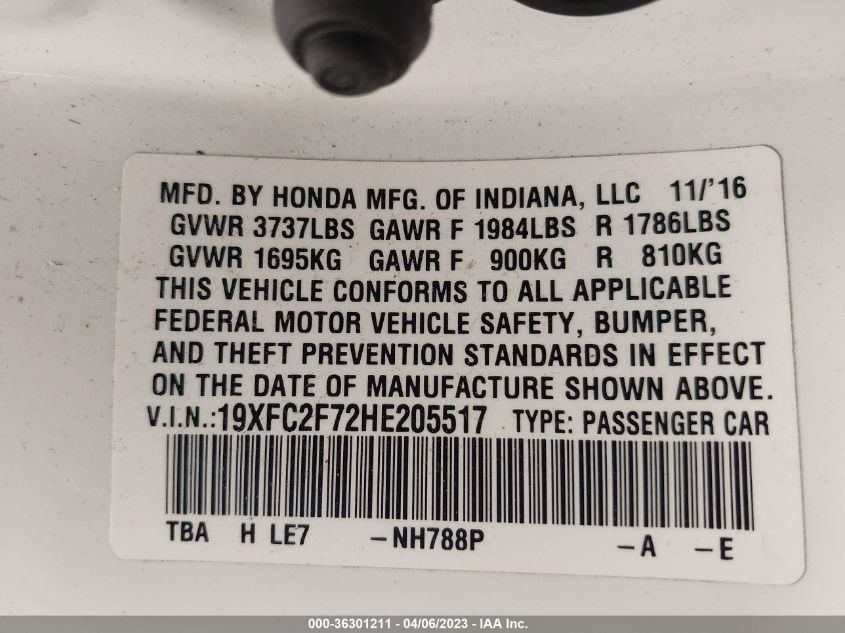2017 HONDA CIVIC SEDAN EX - 19XFC2F72HE205517