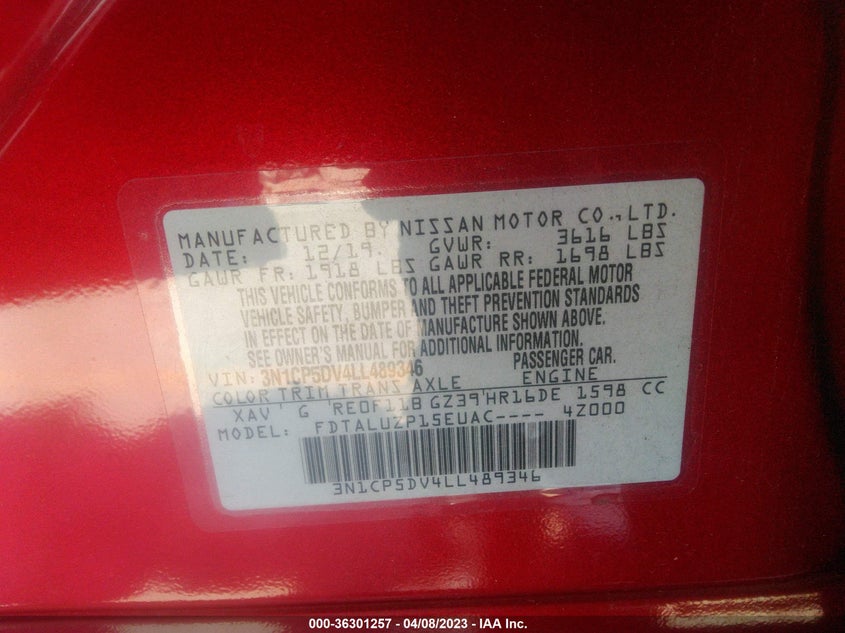 VIN 3N1CP5DV4LL489346 2020 NISSAN KICKS SR