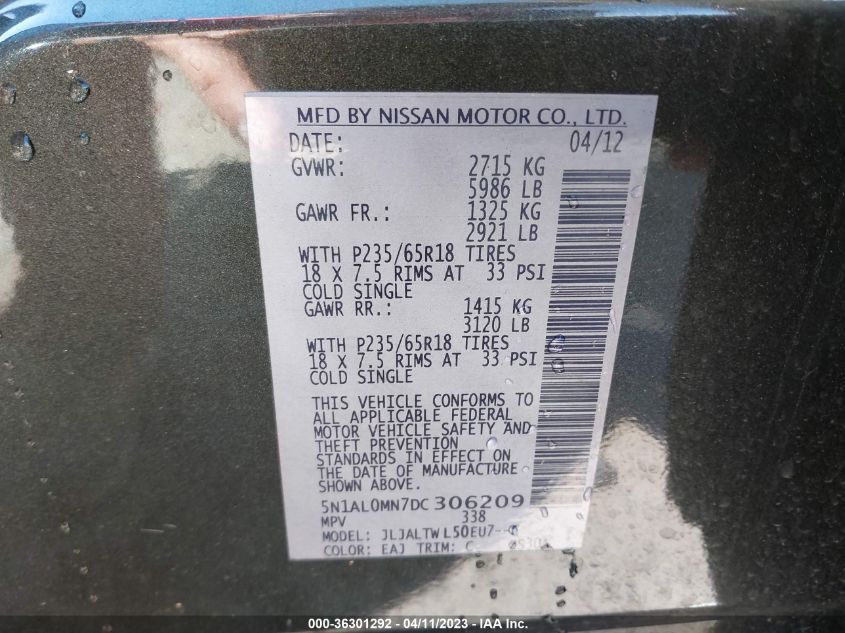 2013 INFINITI JX - 5N1AL0MN7DC306209