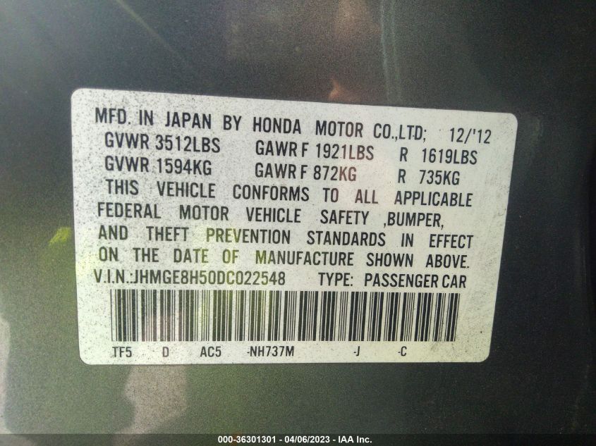 2013 HONDA FIT SPORT - JHMGE8H50DC022548