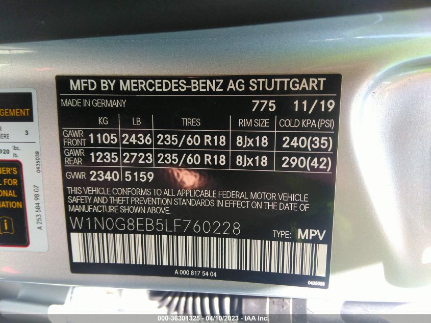 2020 MERCEDES-BENZ GLC GLC 300 - W1N0G8EB5LF760228