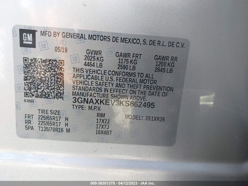 2019 CHEVROLET EQUINOX LT - 3GNAXKEV3KS662495