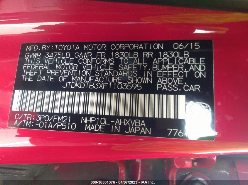 2015 TOYOTA PRIUS C ONE/TWO/THREE/FOUR - JTDKDTB3XF1103595