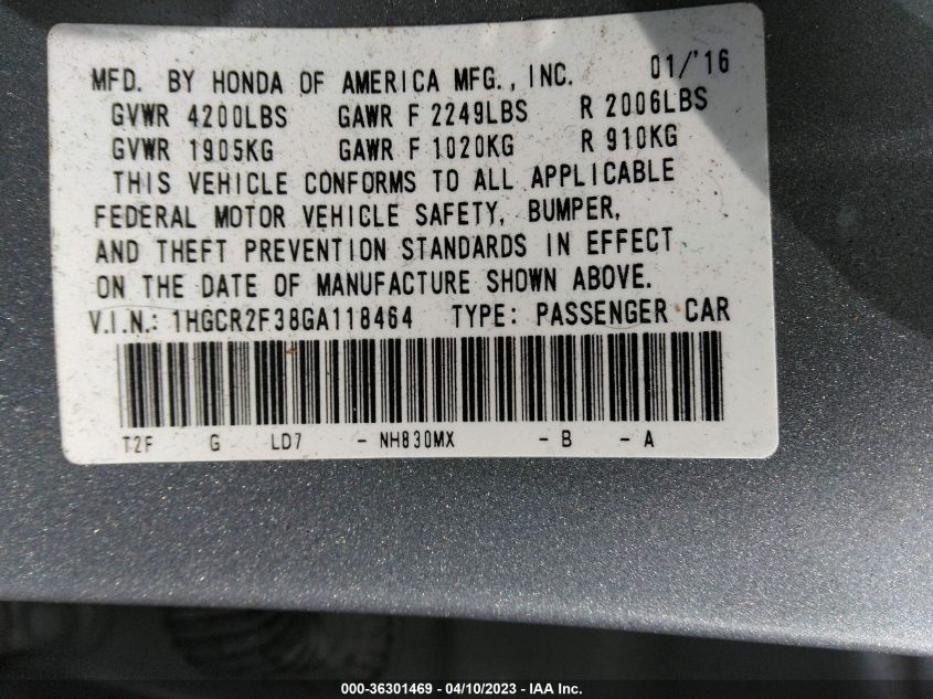 2016 HONDA ACCORD SEDAN LX - 1HGCR2F38GA118464