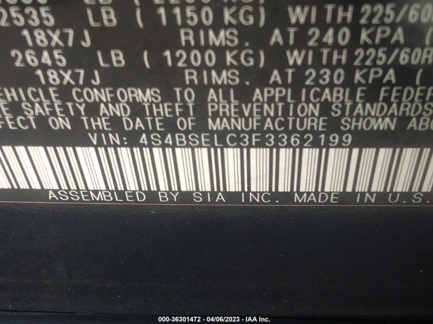 2015 SUBARU OUTBACK 3.6R LIMITED - 4S4BSELC3F3362199