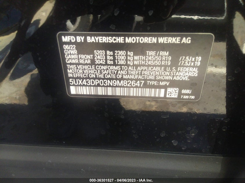 VIN 5UX43DP03N9M82647 2022 BMW X3 SDRIVE30I