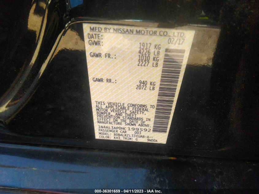 2017 NISSAN ALTIMA 2.5 SL - 1N4AL3AP0HC199592