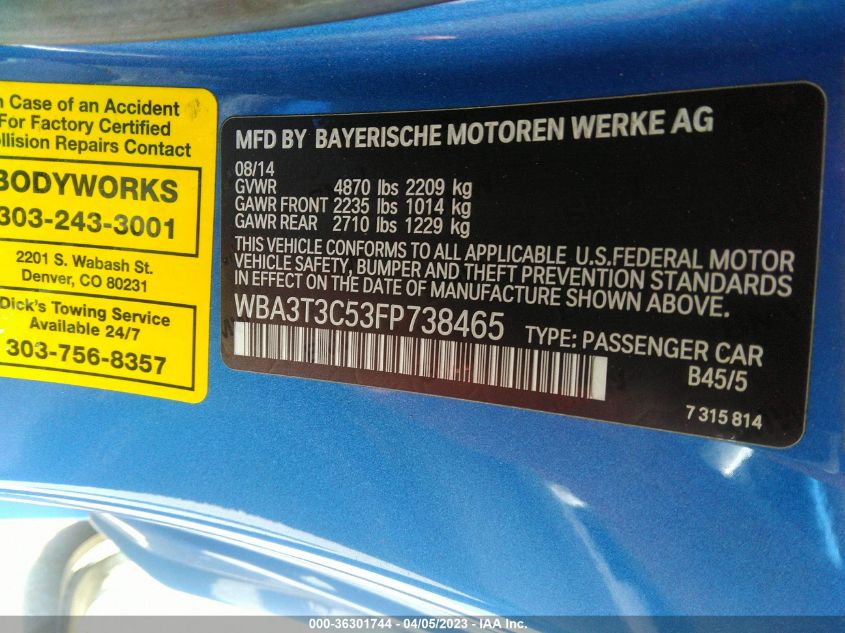 2015 BMW 435I WBA3T3C53FP738465